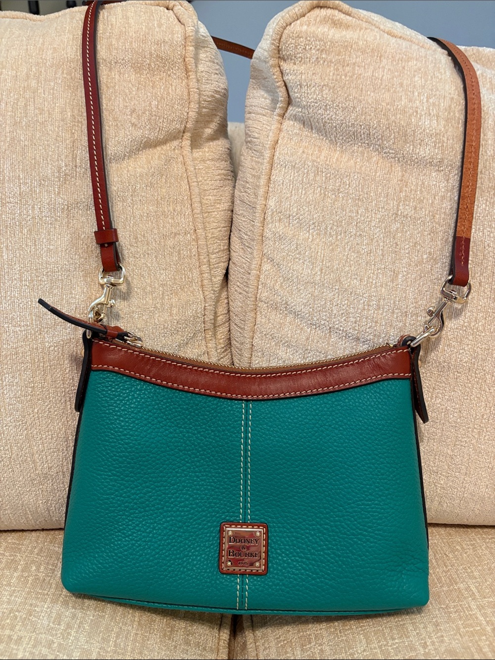 Dooney & Bourke Teal Pebbled Leather Crossbody with Brown Trim